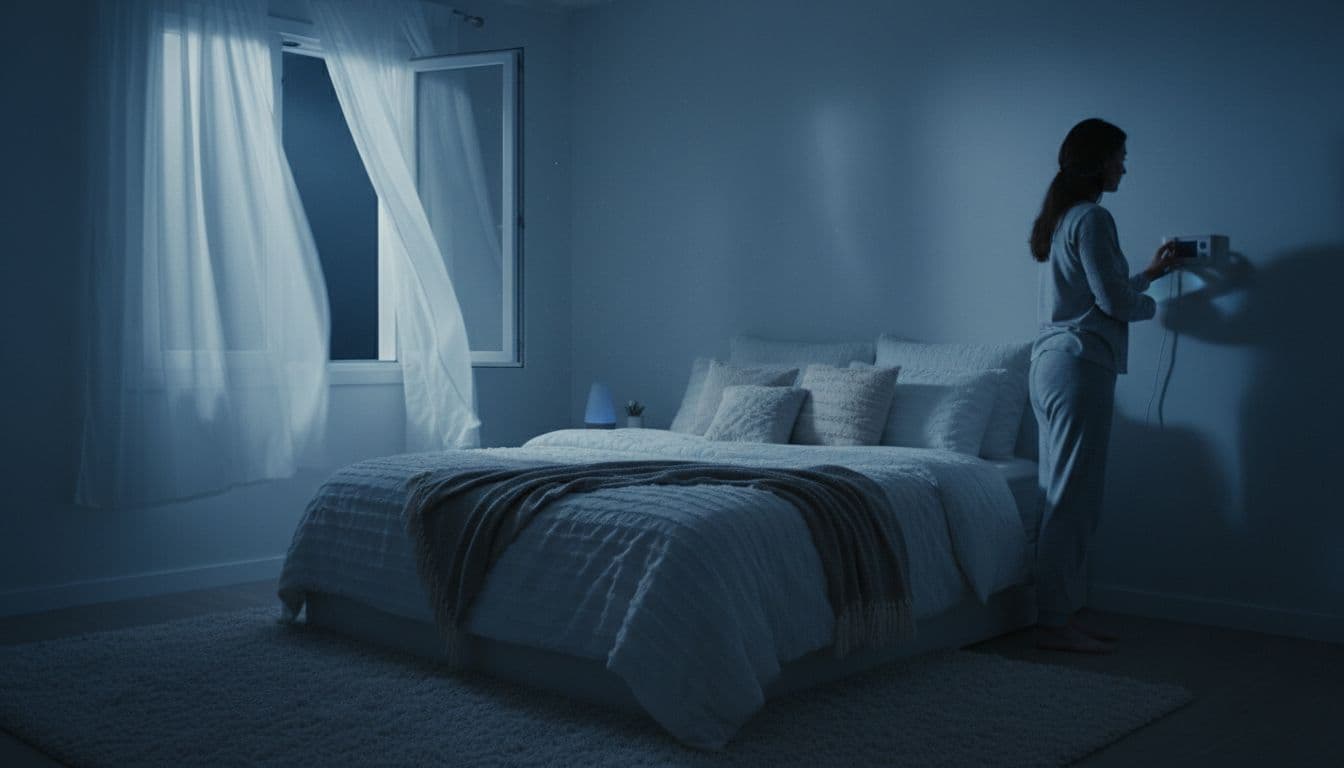 In a cozy bedroom at night with cool blue lighting and soft moonlight, a person adjusts the thermostat while an open window lets in fresh air, next to a comfortable bed with pillows, creating a peaceful atmosphere.