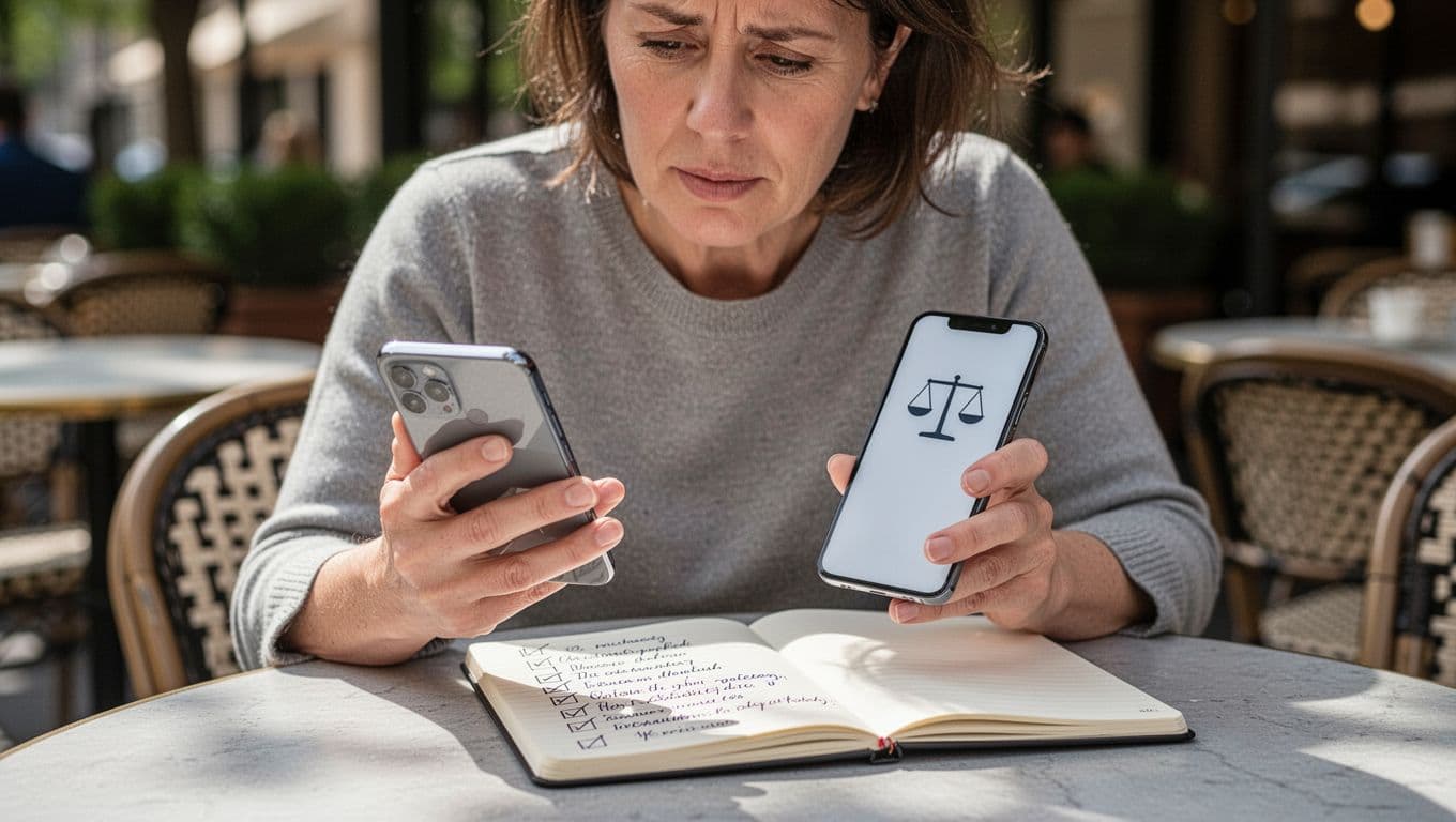 Person at cafe table views phone with balanced scale icon and notebook checklist, thoughtful expression.