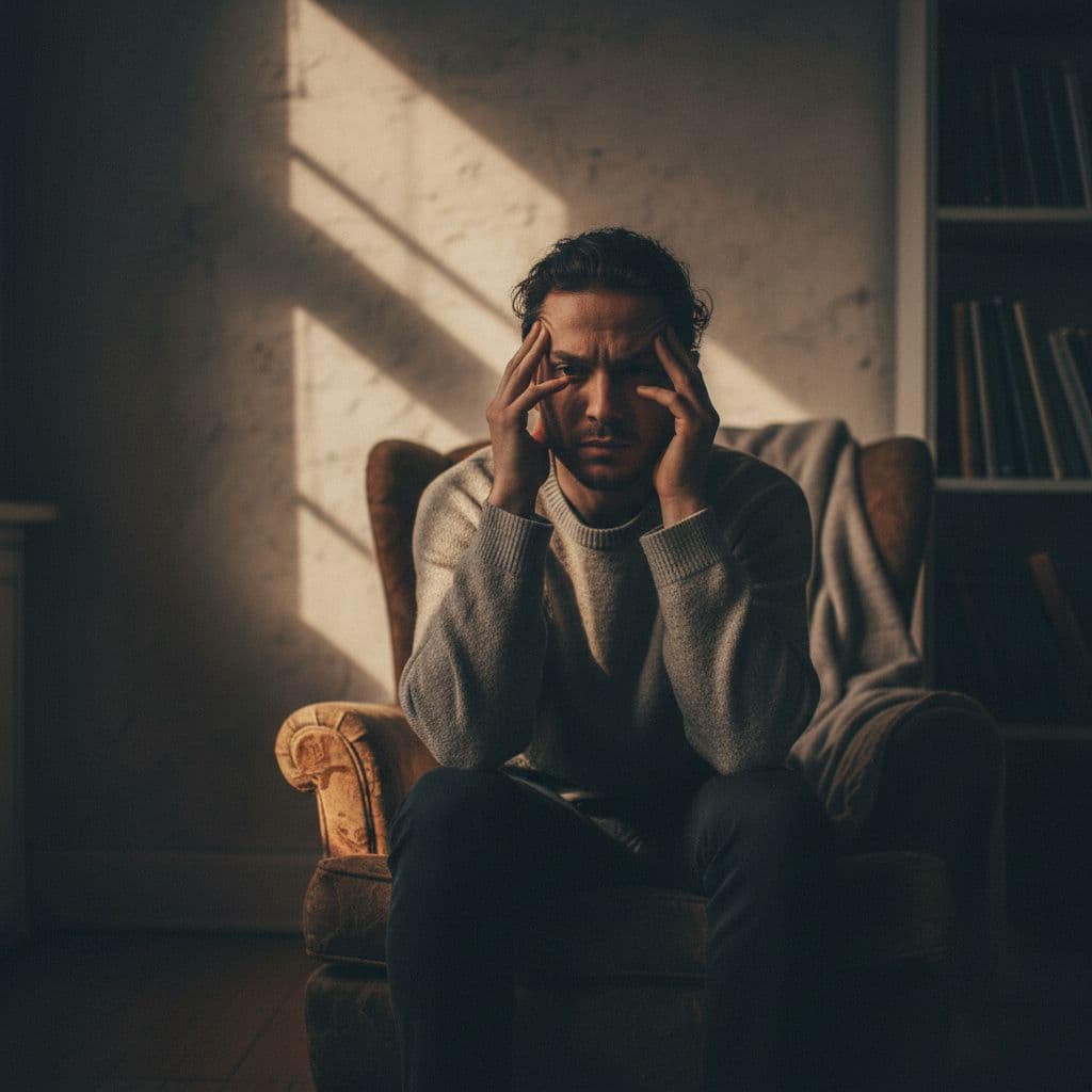 A person sits alone in a dimly lit room, appearing overwhelmed and deep in thought.