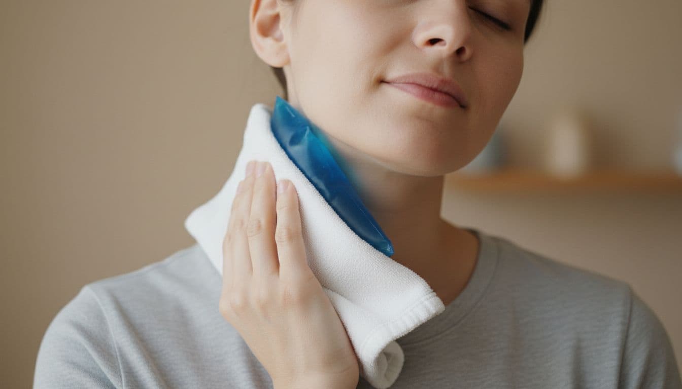 A person holds a cold pack against the side of their neck with a calm expression.