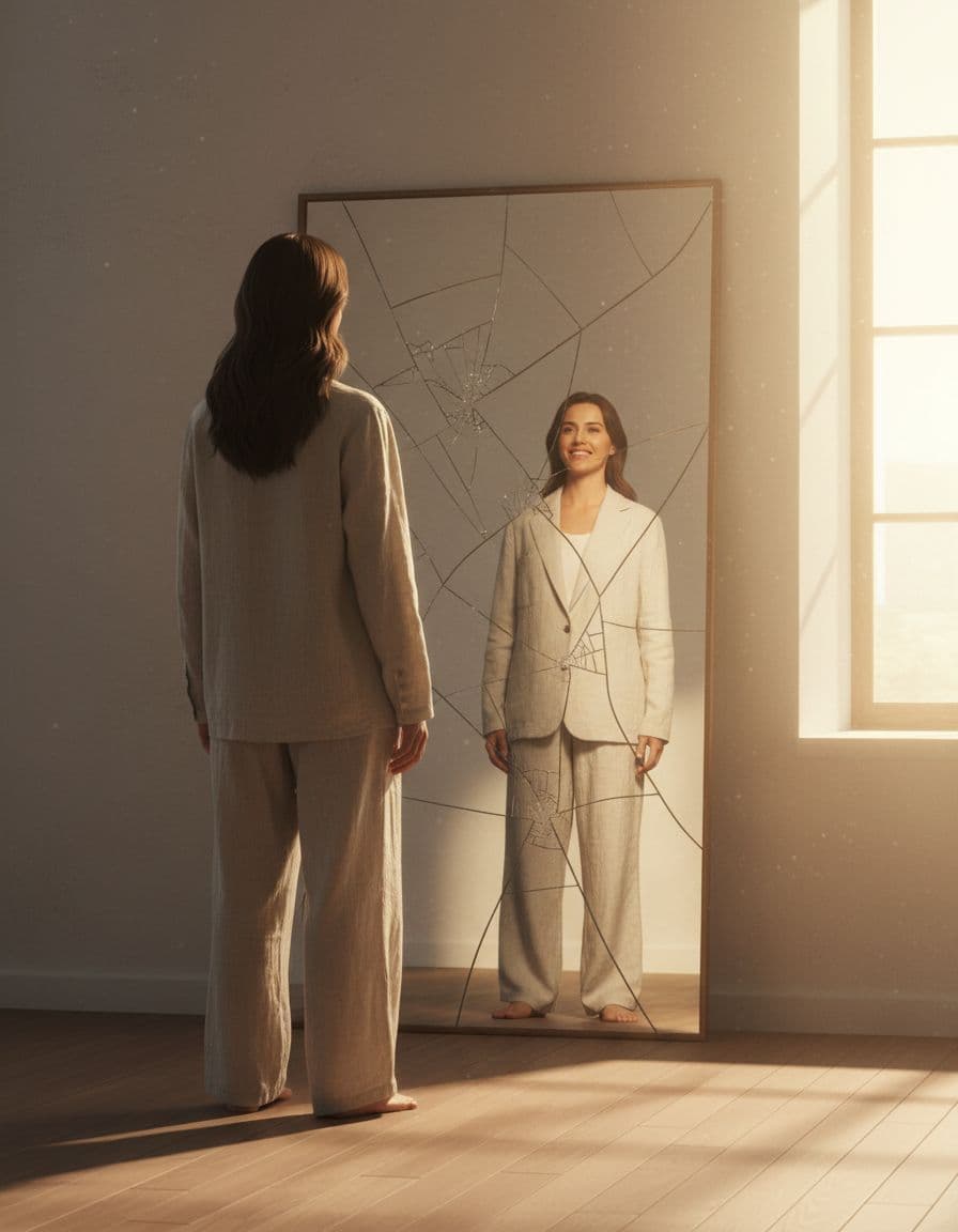 A person stands before a large cracked mirror reflecting a confident smiling self in a softly lit room.