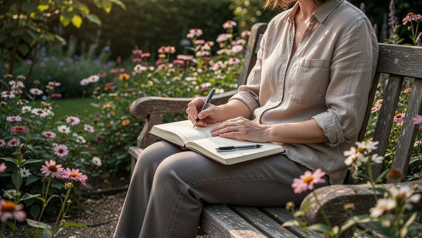Person sits relaxed on wooden bench in quiet garden, open notebook with pen nearby, surrounded by blooming flowers in soft sunlight.