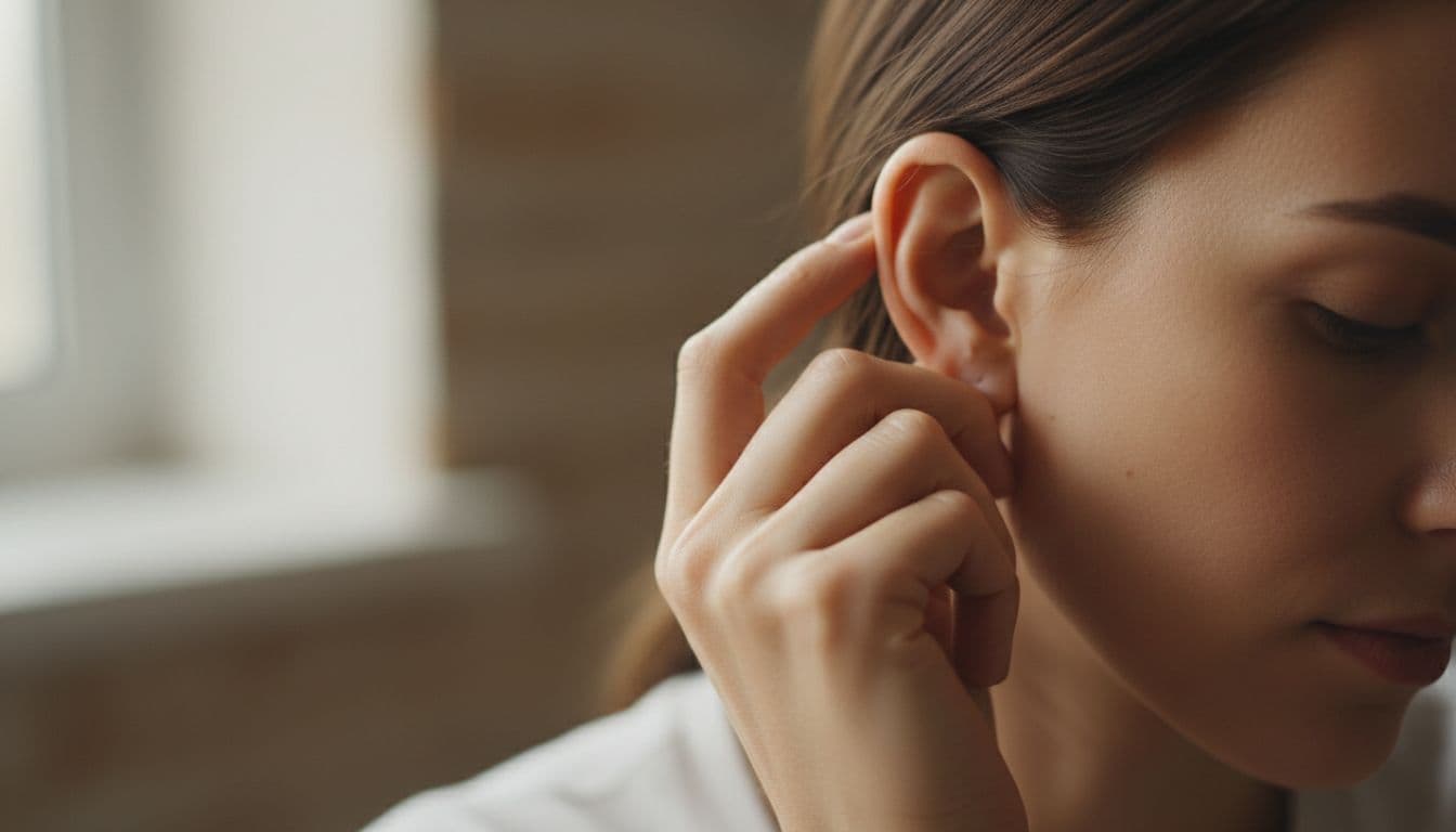 A close-up view shows a person gently massaging their earlobe and outer ear with their fingertips.