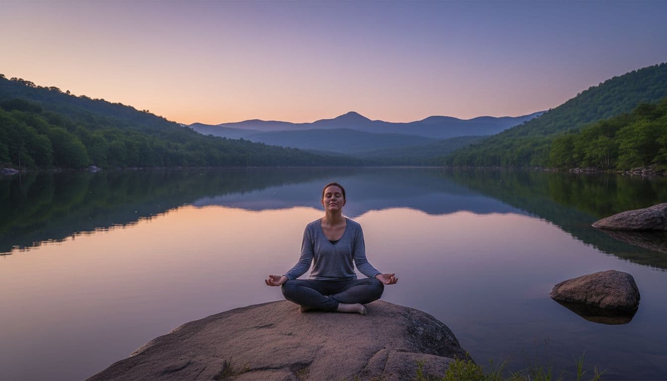 One person sits cross-legged by a calm lake at dusk, eyes closed in meditation with hands in lap.
