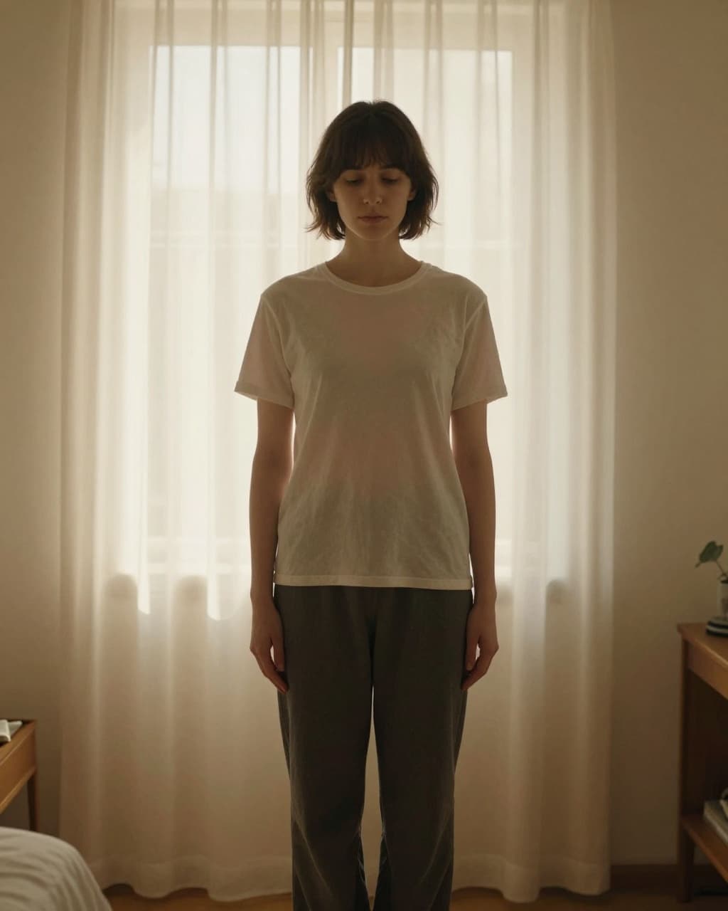 Person stands before plain mirror in bedroom, eyes meeting reflection, hands at sides, morning light through curtains.