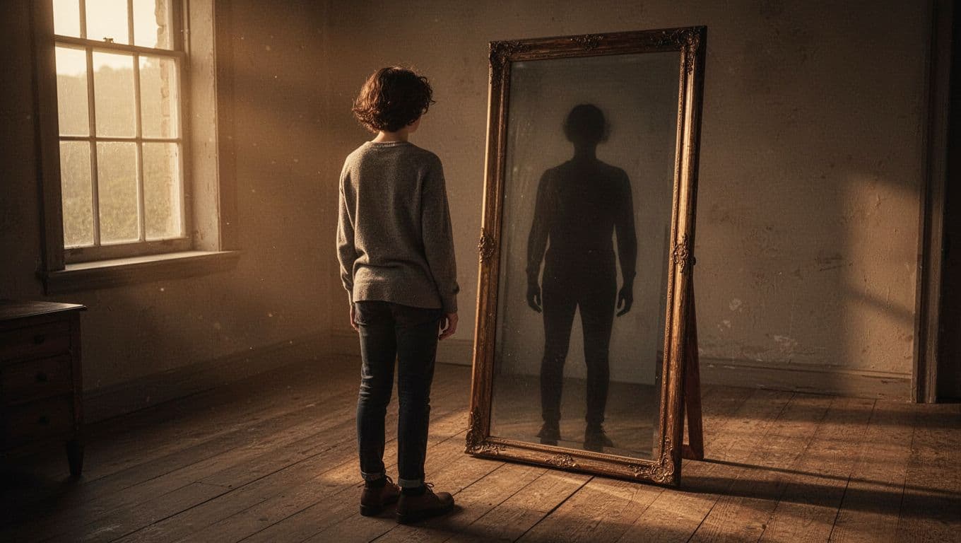 Solitary person stands before tall mirror, reflection showing subtle shadowy figure emerging behind, golden light on wooden floors.