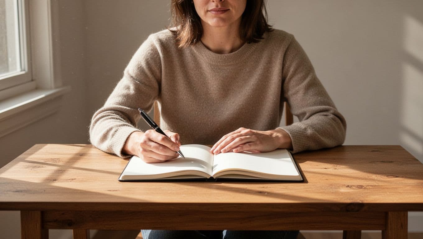 One person sits at a wooden table holding a pen above an open blank journal in a sunlit room with soft shadows.