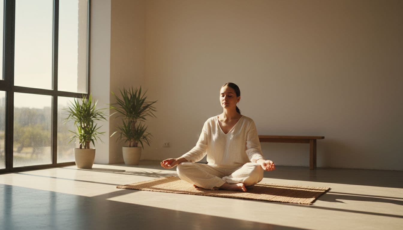 A person sits peacefully in a sunlit room while focusing on their breathing.