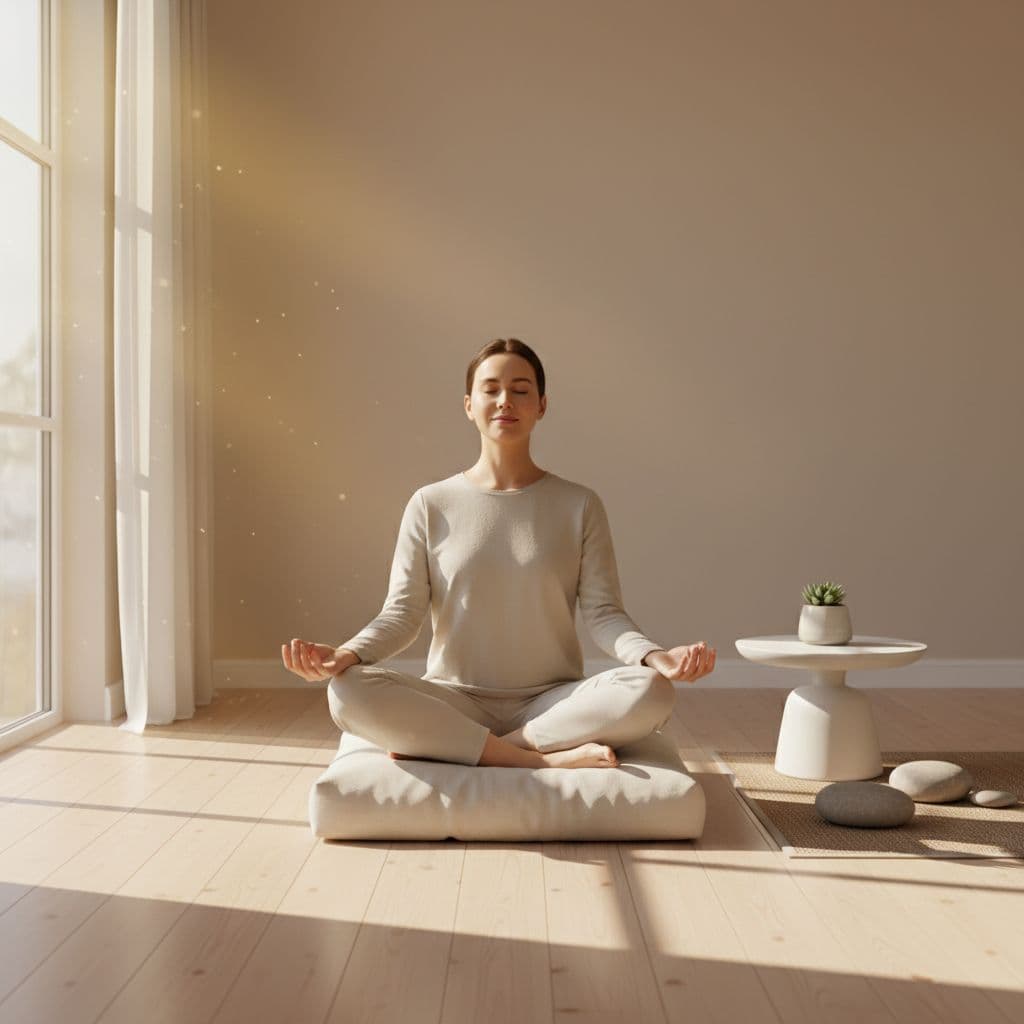 A calm person with eyes closed sits on a floor cushion in a sunlit, minimalist room.