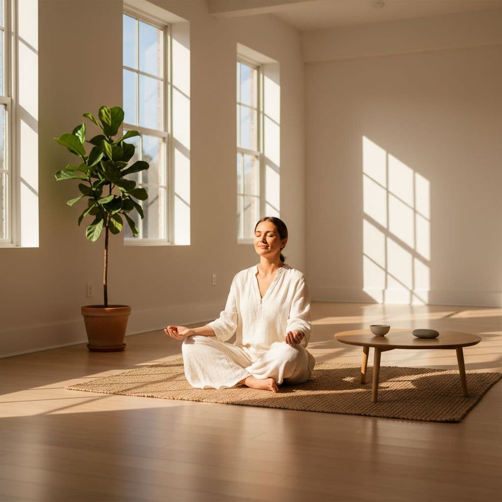 A person sits calmly in a quiet, sunlit minimalist room to practice inner peace.