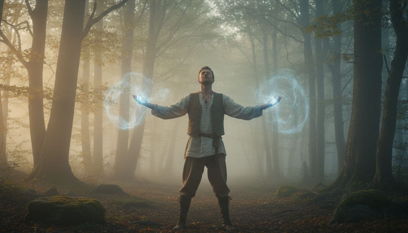 A single person in casual clothes stands with relaxed open arms in a misty woodland glade at dawn, subtle soft blue light emanating from open palms suggesting energy release, with a calm grounded expression in a realistic style with ethereal touch and warm morning light.