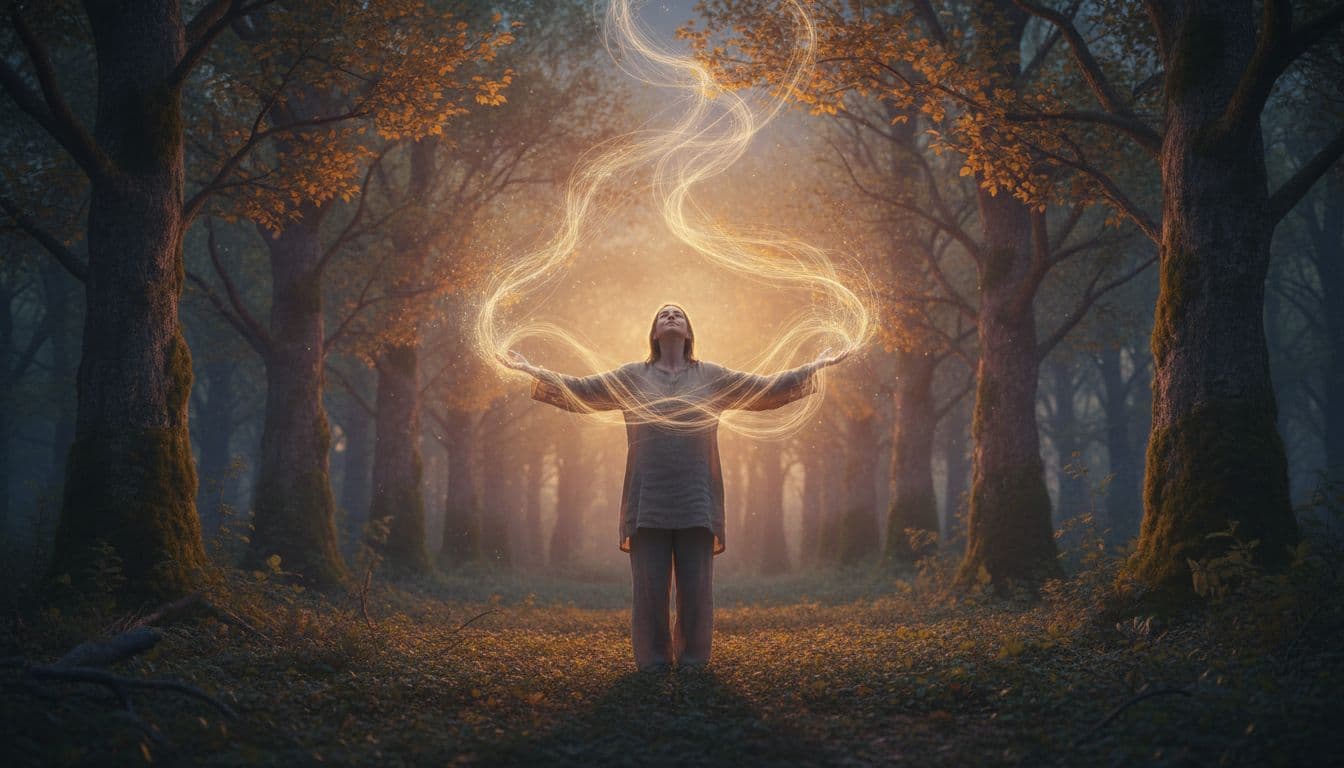 A single person stands alone in a calm forest clearing at dusk, arms outstretched releasing glowing ethereal threads into the air, with an expression of relief and peace under soft warm lighting.