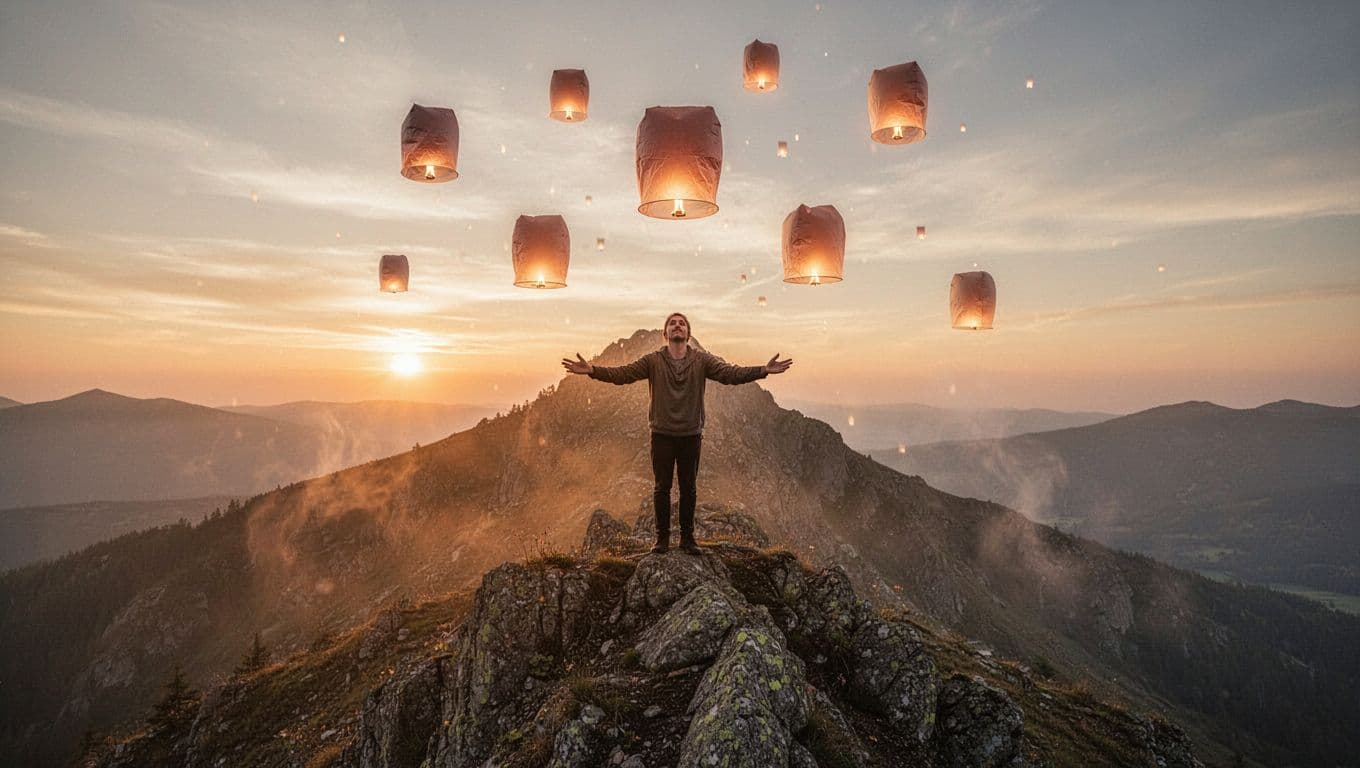 A single person stands on a rocky mountain peak at dawn, arms outstretched releasing glowing paper lanterns into the sky, with a peaceful serene face illuminated by warm golden sunrise hues and subtle ethereal mist.