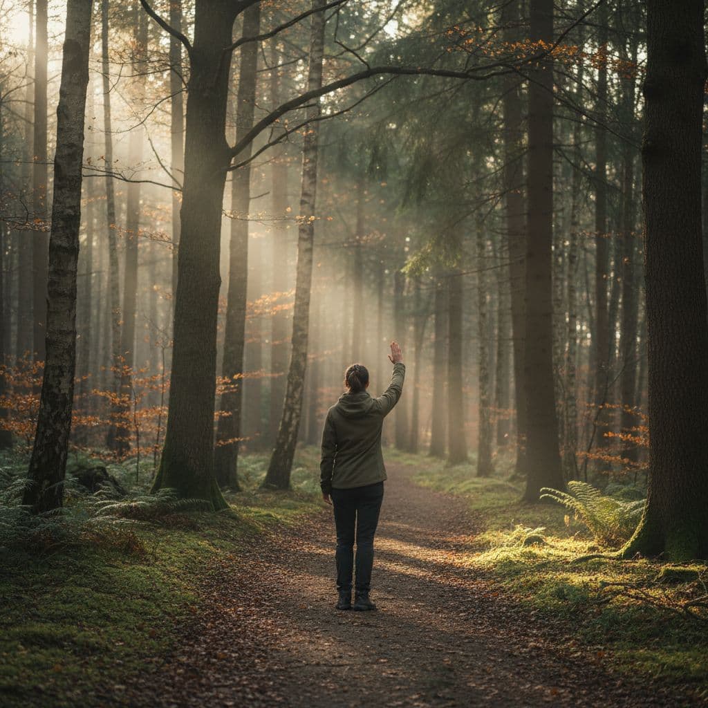 A person stands on a forest path holding a hand out in a gentle gesture of boundary setting.