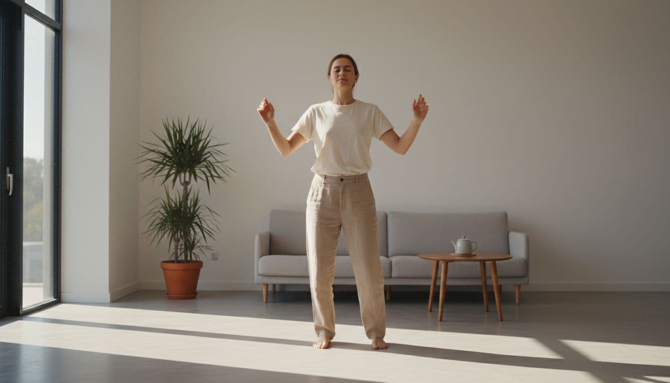 A person stands in a sunlit minimalist room gently shaking their arms to release tension.