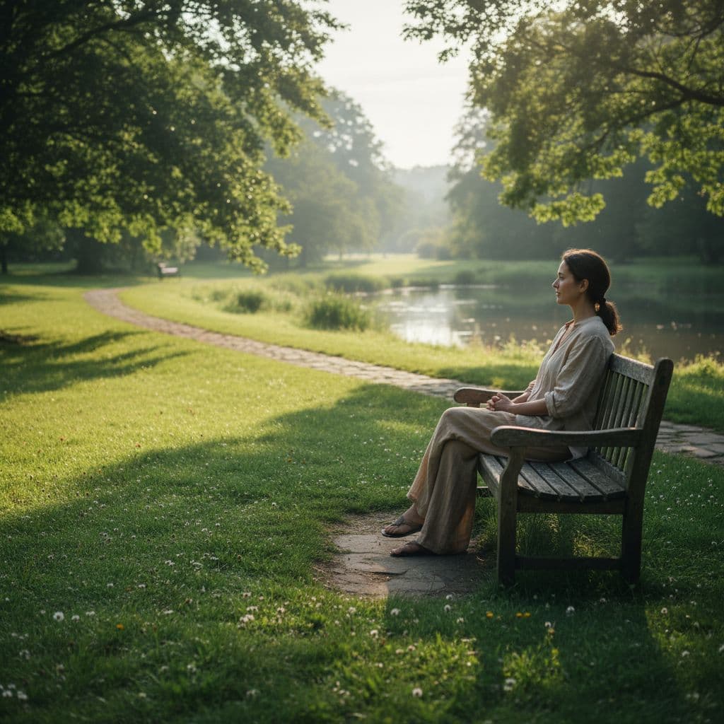 A person sits alone on a park bench reflecting with a calm expression in soft daylight.