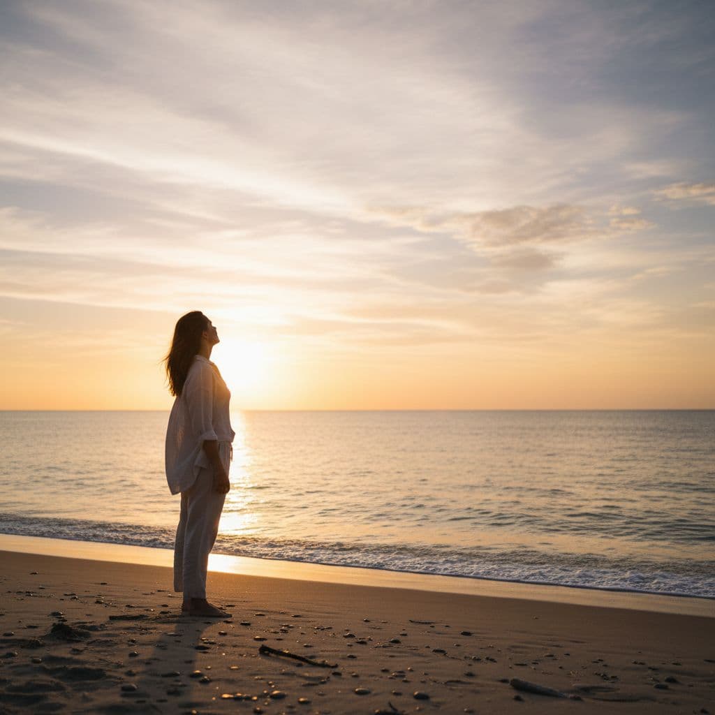 A lone person stands on a sandy beach looking toward the sun rising over the horizon.