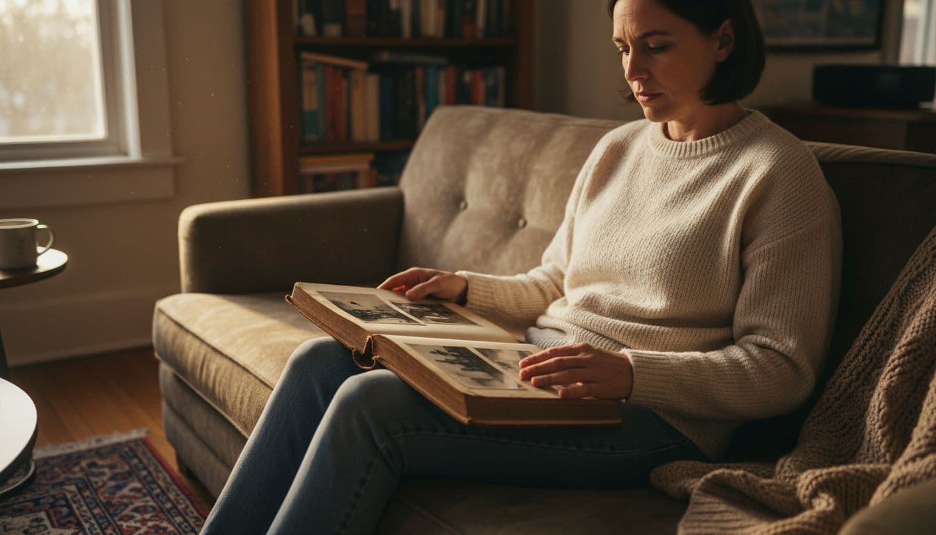 A person sitting alone on a worn couch in a cozy living room, looking thoughtfully at an old photo album open on their lap, with soft evening light from the window.