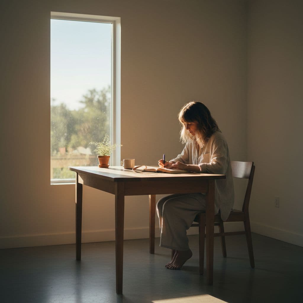 A person sits at a simple wooden table writing in a journal during a calm morning.