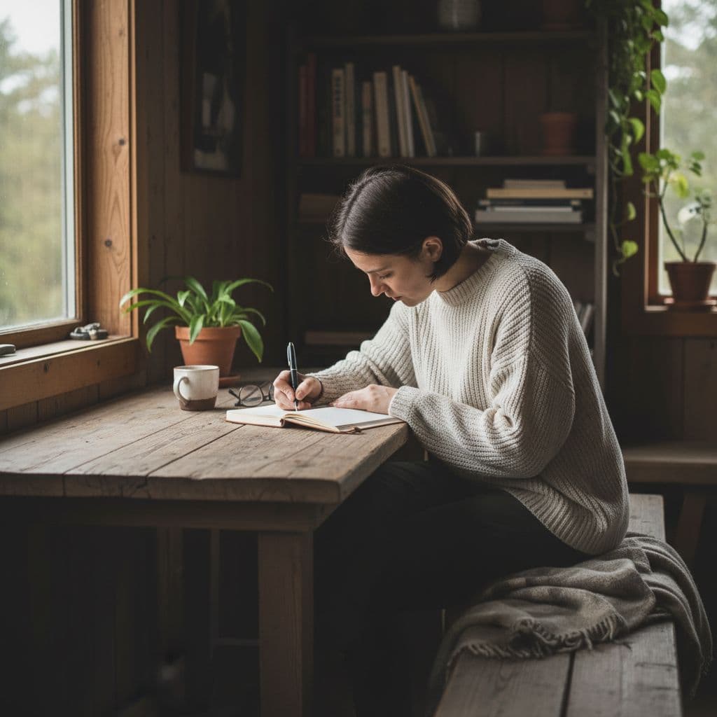 A person sits at a wooden table writing notes in a journal with soft lighting.
