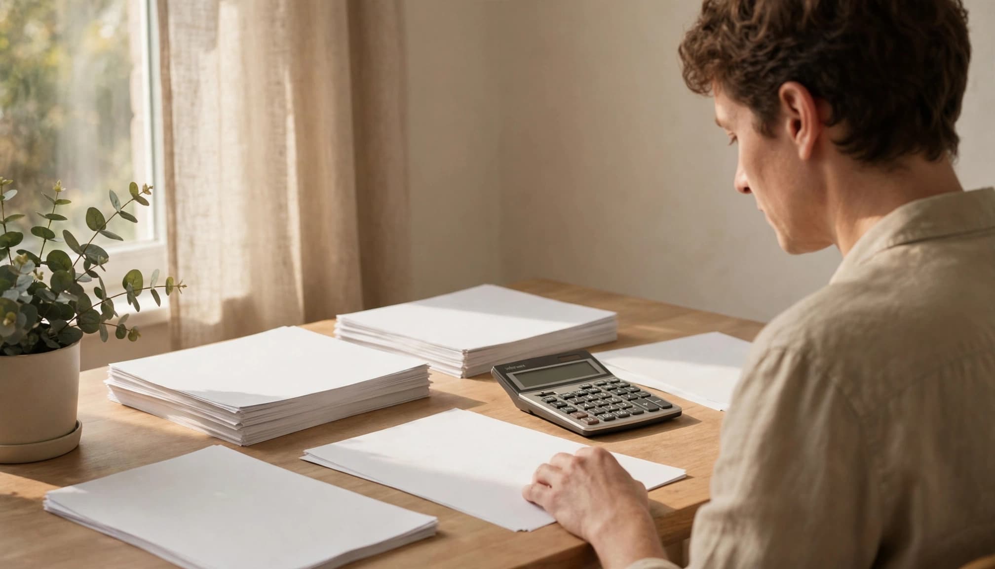A person reviews financial papers beside a calculator at a home office desk.