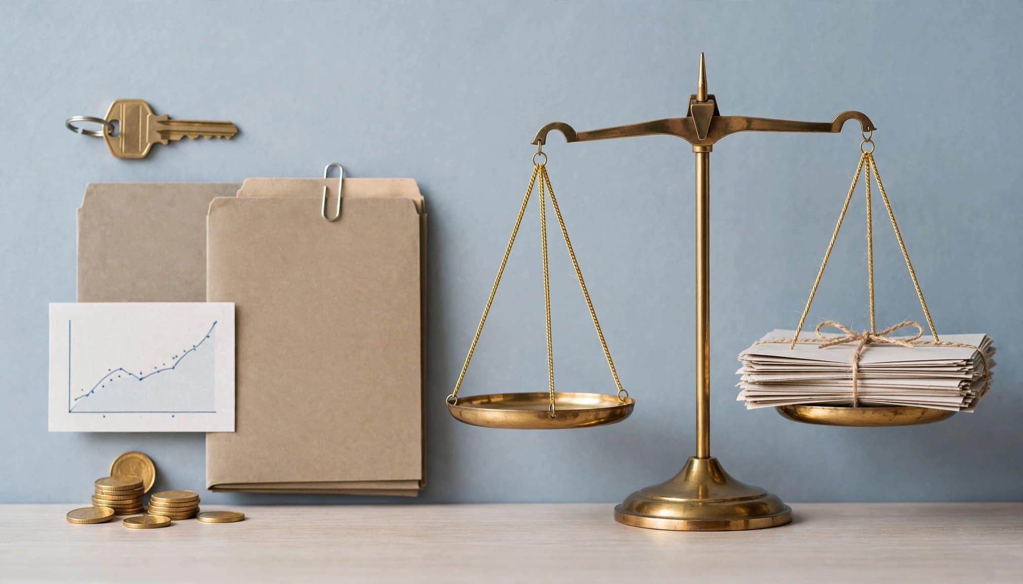 A scale balances a house key, savings folder, coins, chart, and debt papers.