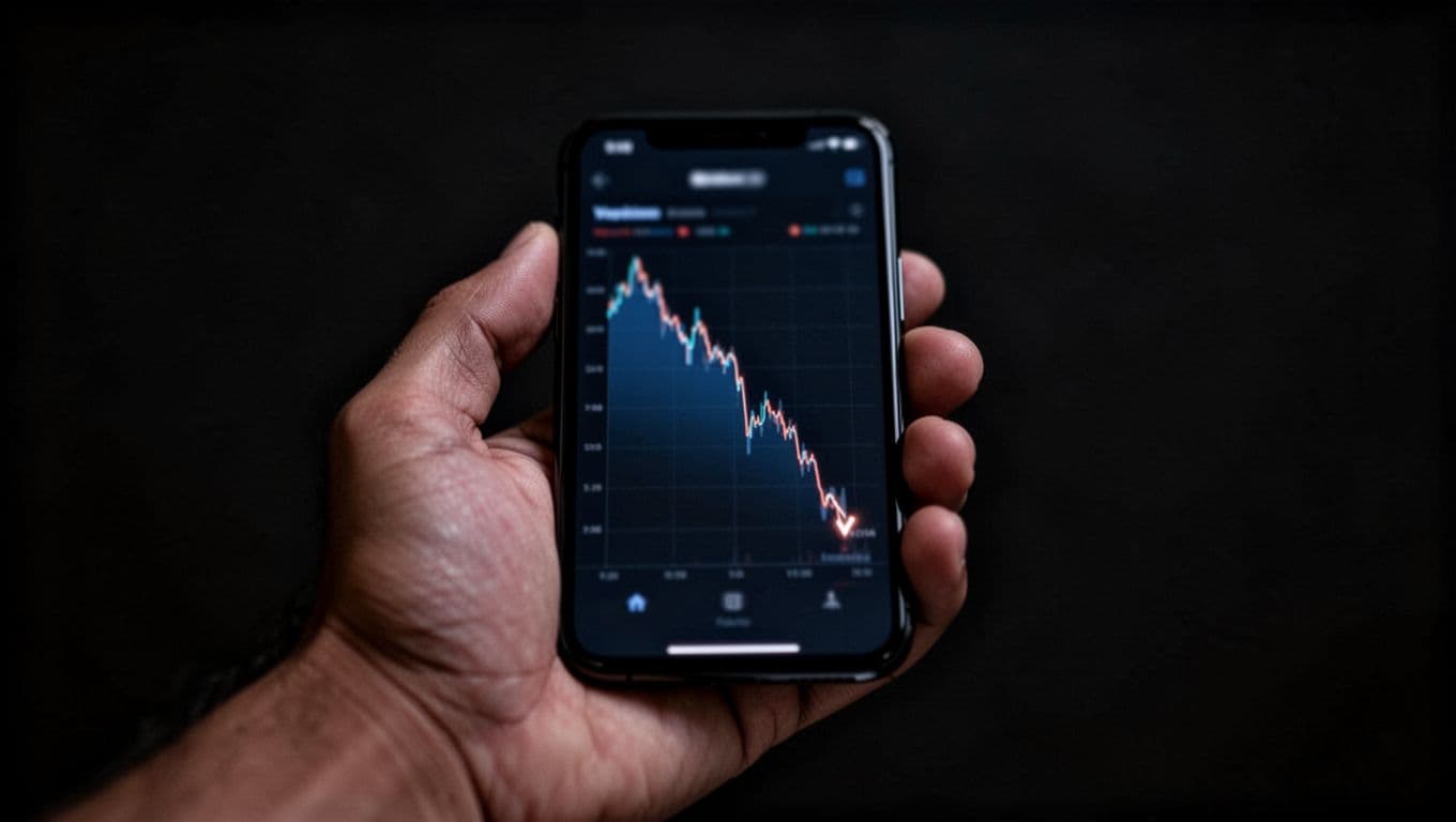 Hand holds phone with blurred graph of sudden views and engagement drop against dark background.