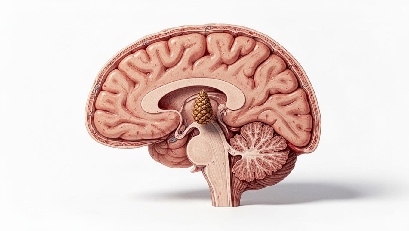 Realistic anatomical illustration of a human brain cross-section featuring the pineal gland as a small pinecone-shaped structure near the thalamus, on a clean white background with medical accuracy.