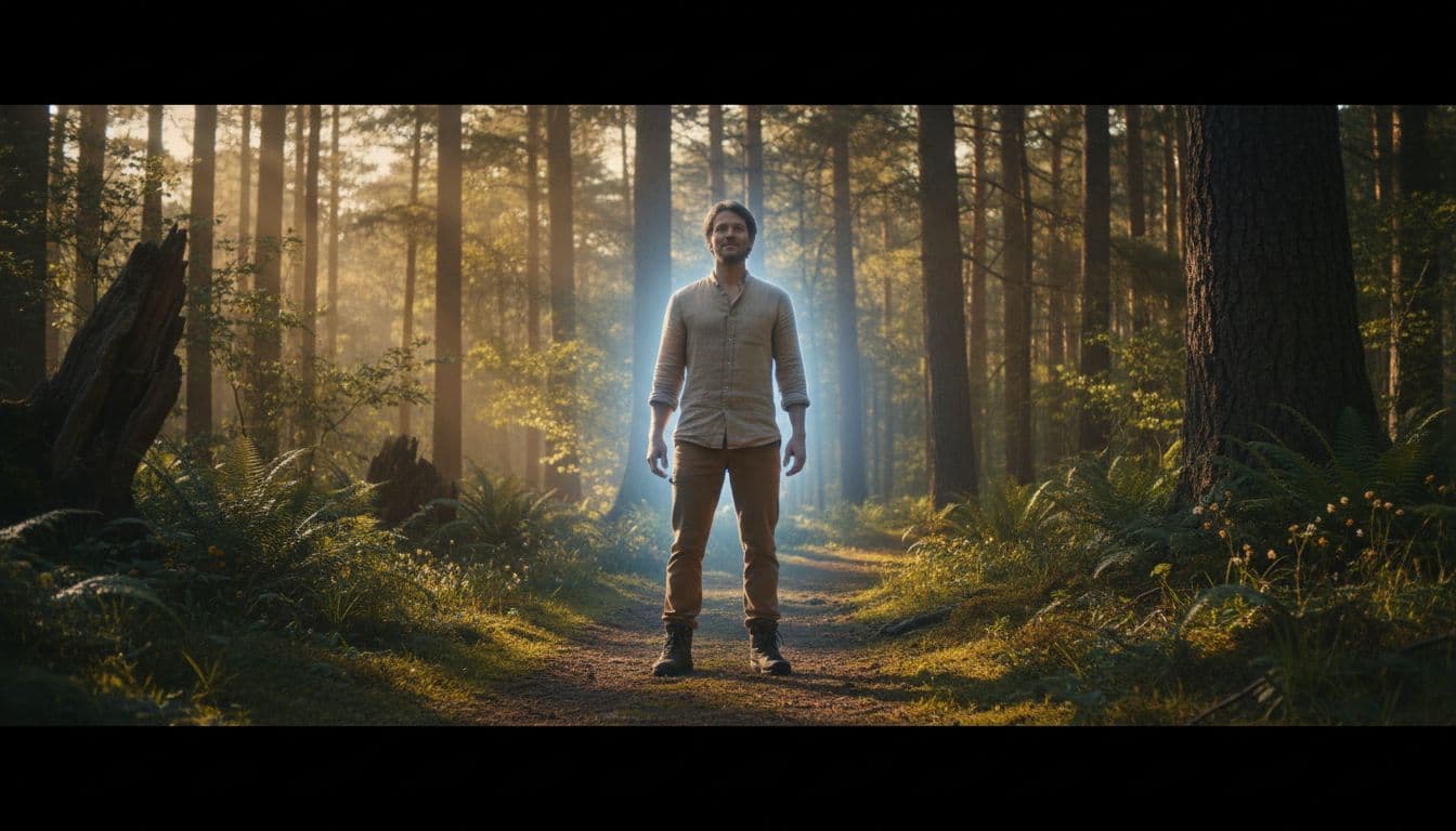 A single person stands confidently with a glowing protective light shield aura during a calm forest walk, relaxed posture with hands at sides, bright natural daylight filtering through trees in a realistic serene style.