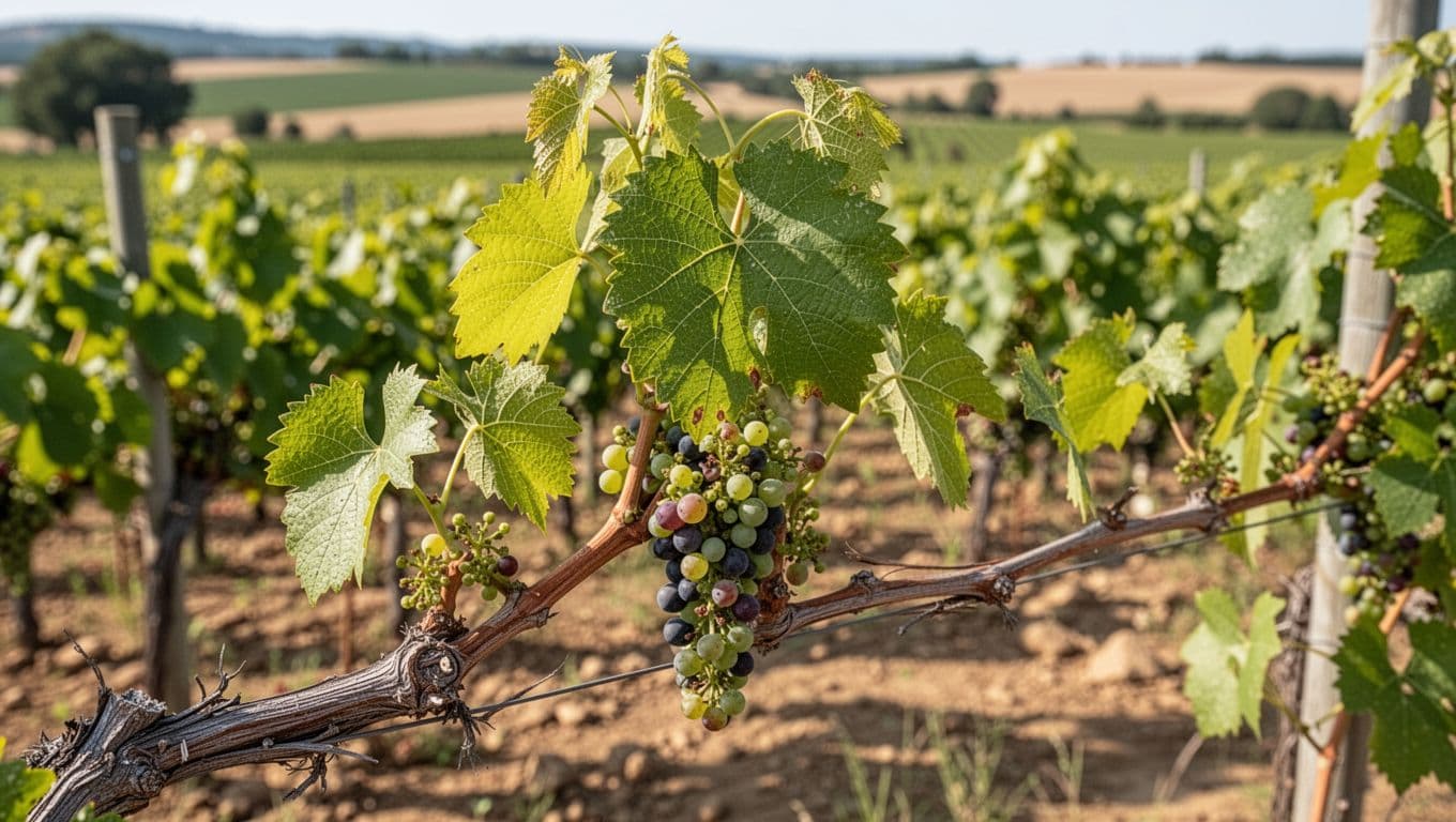 Close-up of a healthy grapevine branch after pruning, showing fresh cuts, vigorous new green leaves, and clusters of ripe grapes forming in a sunny vineyard.
