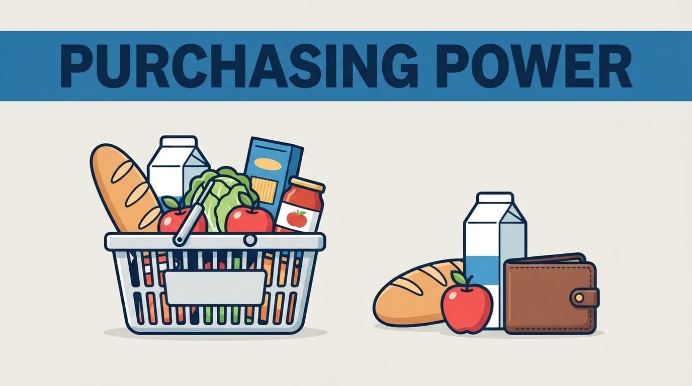 A grocery basket and wallet compare how rising prices reduce what money can buy.