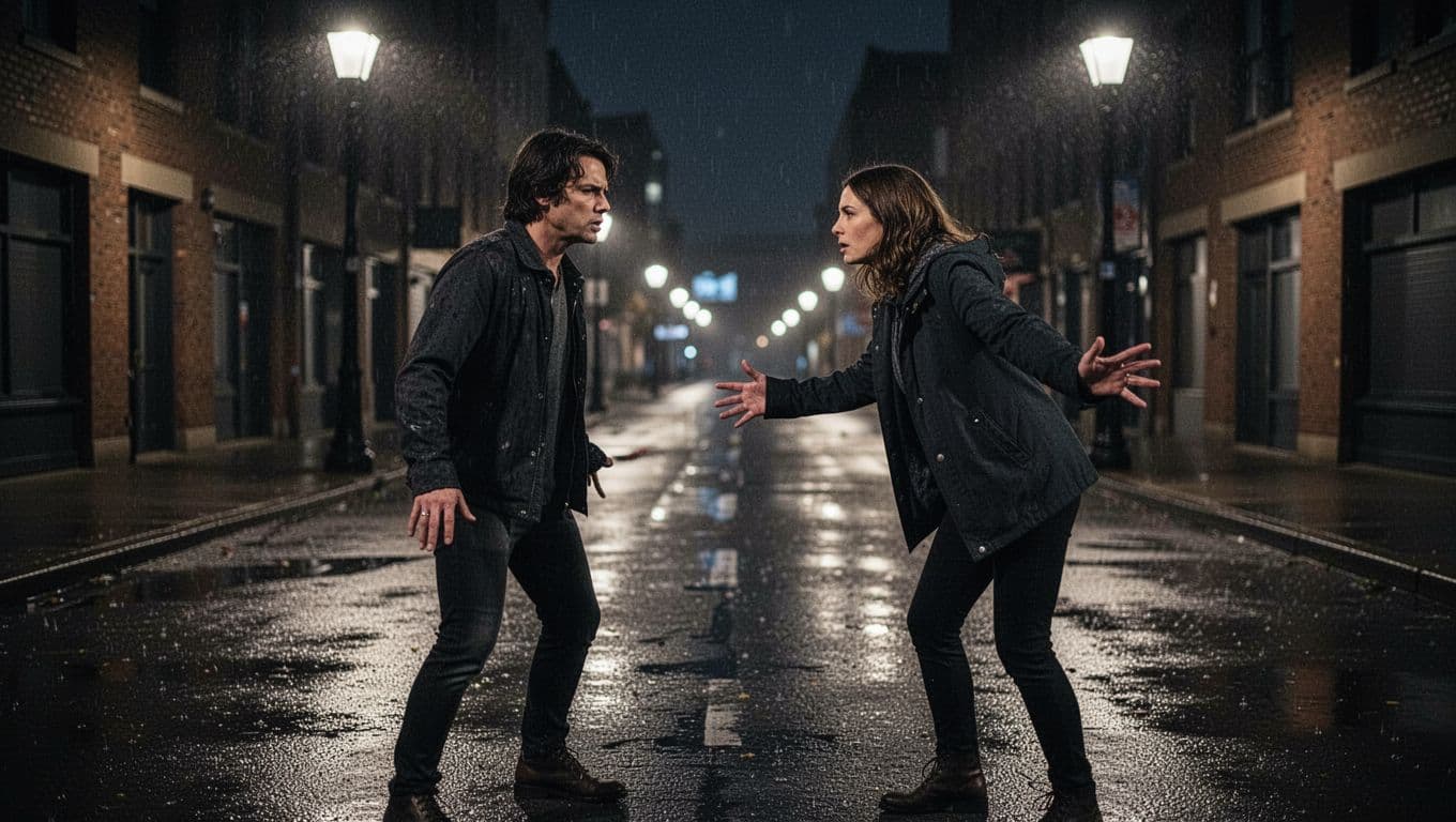 Couple on dimly lit urban street at night, one steps back conflicted, other leans forward with open arms, rain-slicked pavement reflects lights.