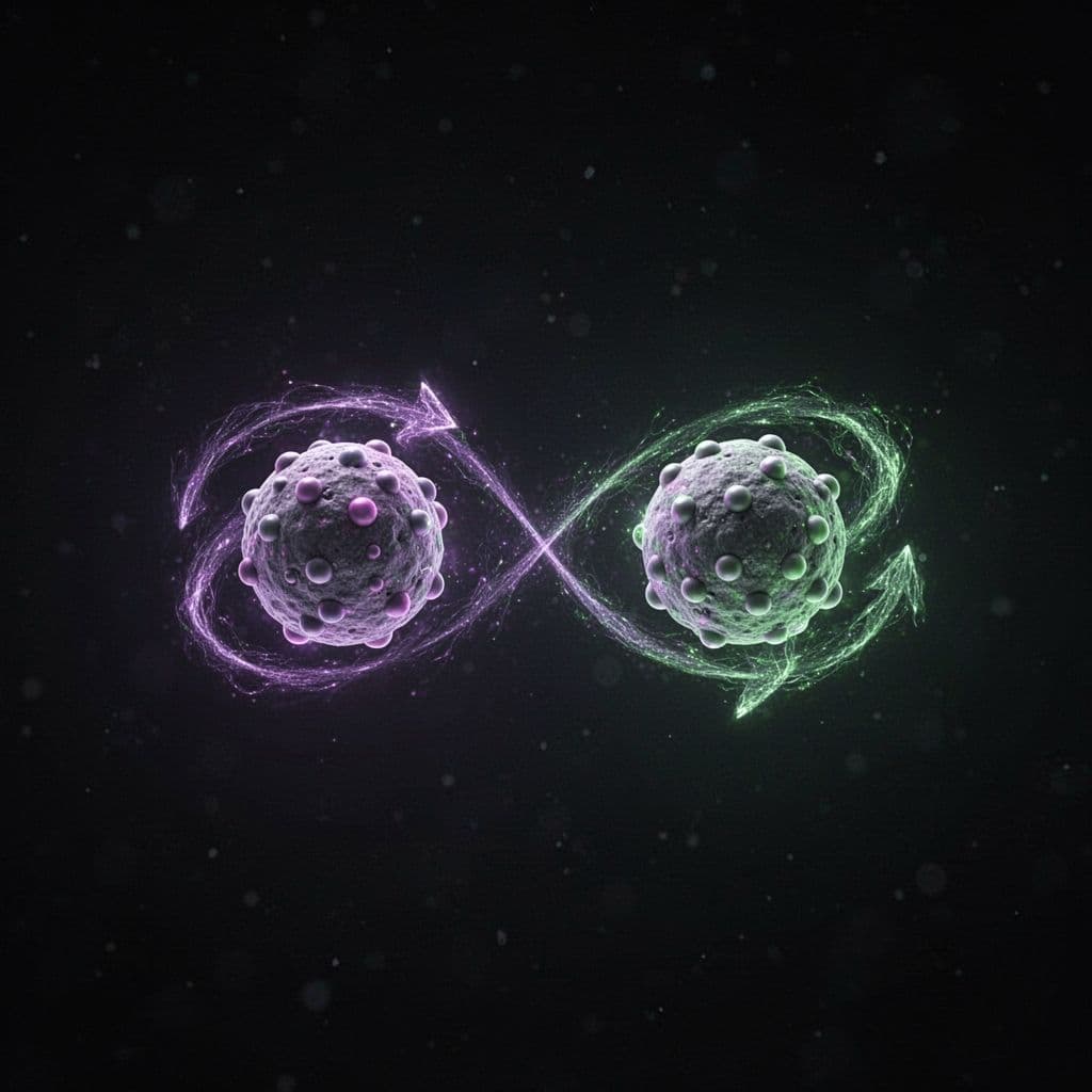 Two quantum particles linked by a shimmering energy thread in a vacuum chamber, one spinning clockwise and the other counterclockwise, in a simple scientific diagram style with dim purple and green lighting.
