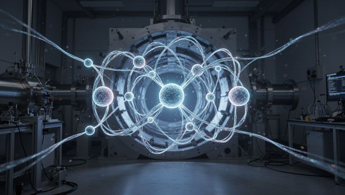 A glowing electron in quantum superposition, appearing in multiple positions simultaneously within a dark laboratory setting illuminated by particle accelerator glow. Close-up realistic scientific illustration featuring overlapping particle paths and soft blue lighting.