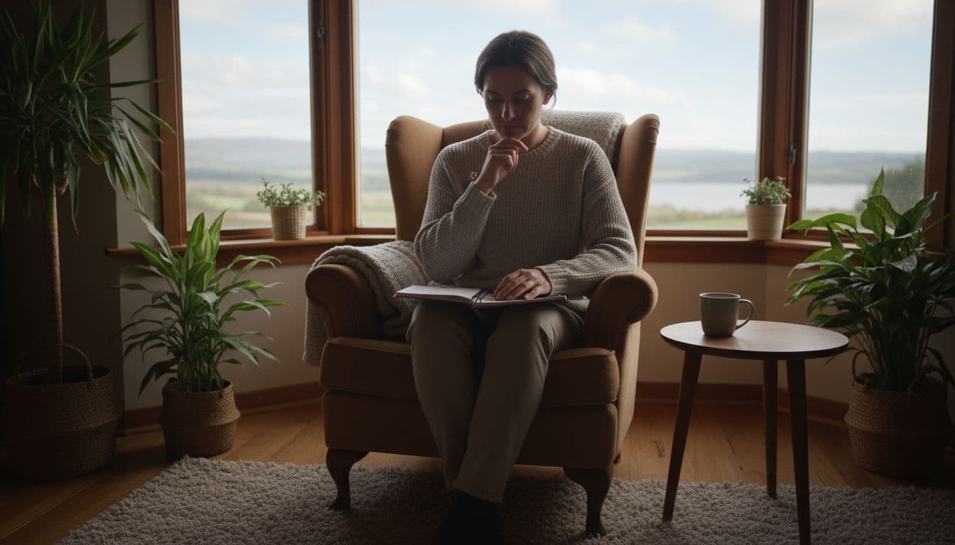 A person sits quietly by a window in a cozy room, gazing thoughtfully at a notebook with subtle natural daylight illuminating their face, capturing a serene moment of realization.