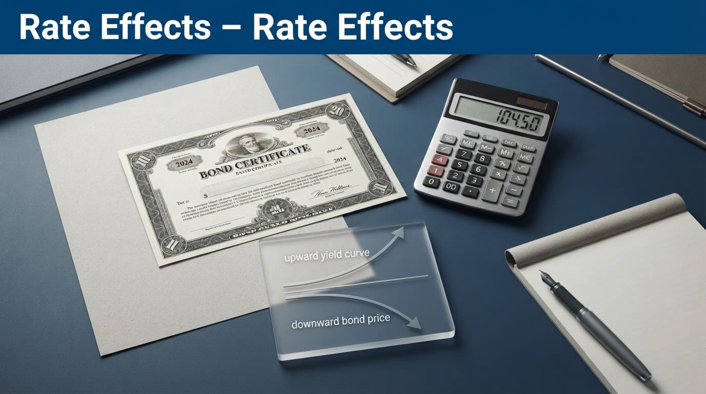 Bond certificate and calculator beside rising yield and falling bond price graphics.