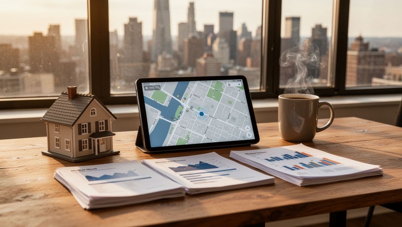 Wooden desk with house model, angled tablet showing blurred property map, stack of reports, coffee mug, and city skyline window.
