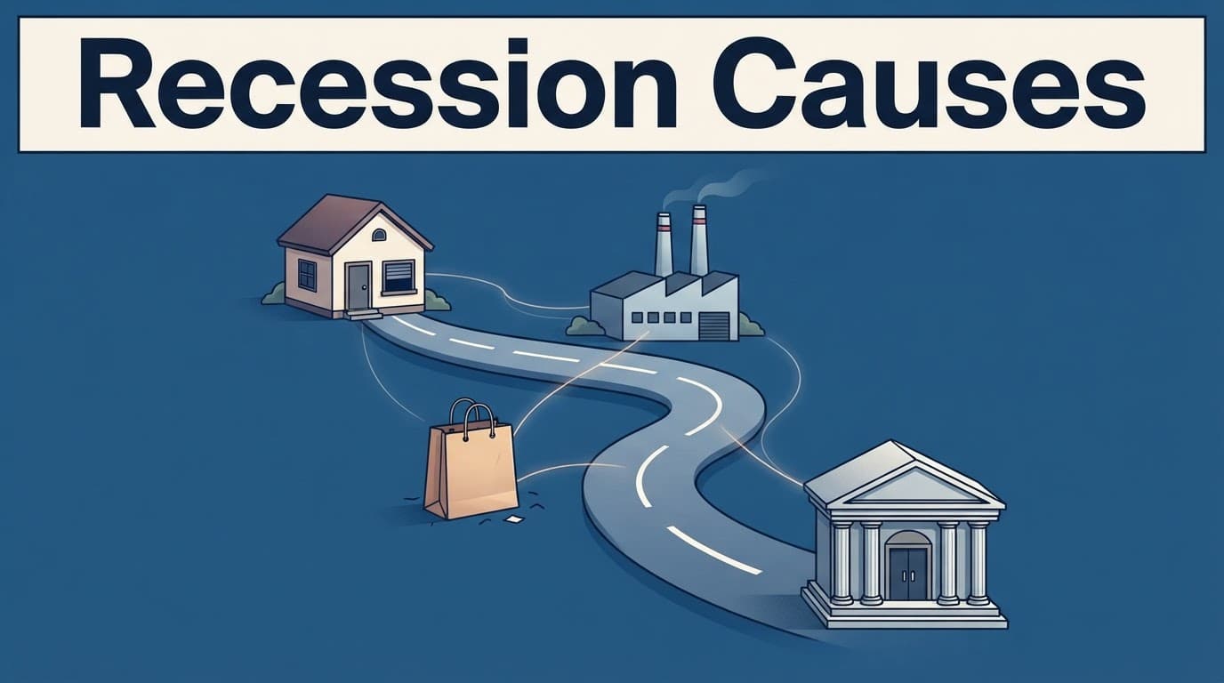 A curved road links a house, factory, shopping bag, and bank under a blue headline band.