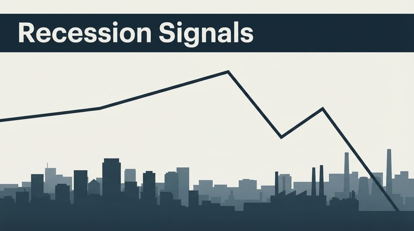 A descending line over city and factory silhouettes beneath a blue recession headline.