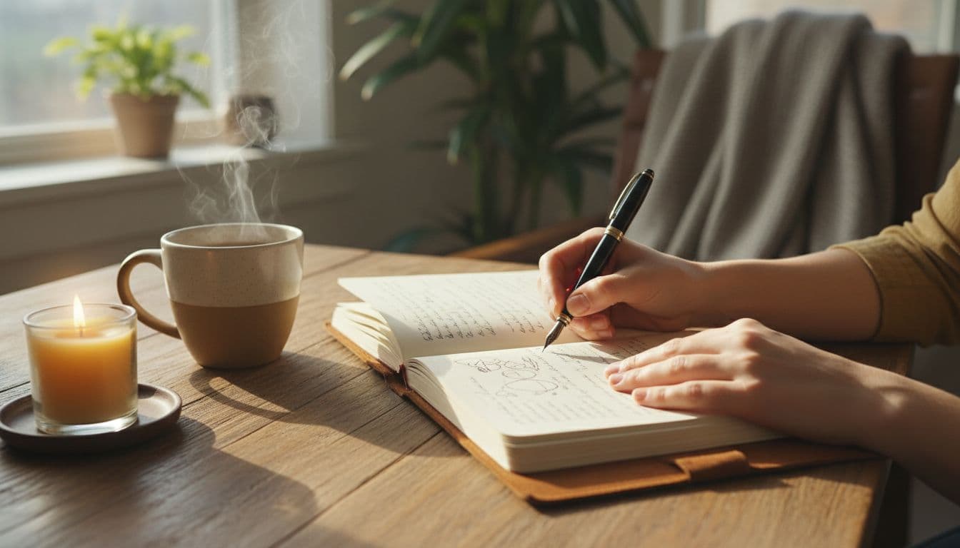 Hands writing thoughtfully in an open journal on a wooden table beside a steaming mug of herbal tea and a softly lit candle, illuminated by natural window light in warm cozy tones.