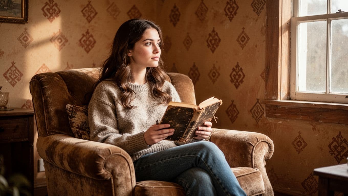 Young woman sits alone in cozy room holding old journal with distant gaze and soft window light.