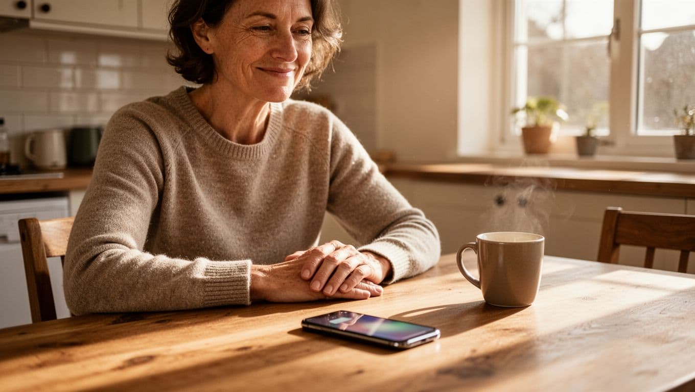 A relaxed adult sits at a wooden kitchen table in soft morning light, thoughtfully noticing the subtle glow of a smartphone notification with screen angled away and blurred, soft smile, coffee mug nearby, warm realistic tones, one person with hands naturally on table.