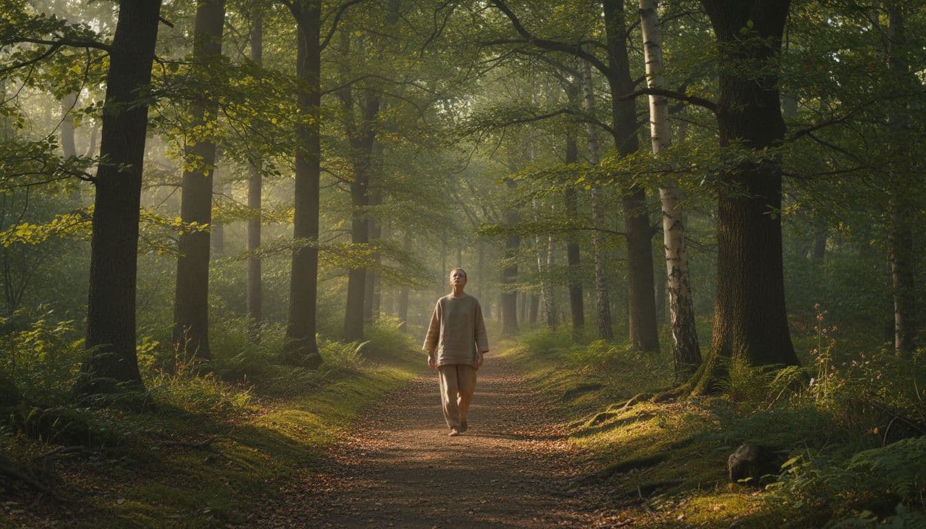 A single adult walks slowly on a peaceful forest path lined with tall trees, relaxed posture with hands at sides, soft sunlight filtering through green leaves creating dappled light, in a photorealistic tranquil daytime setting.