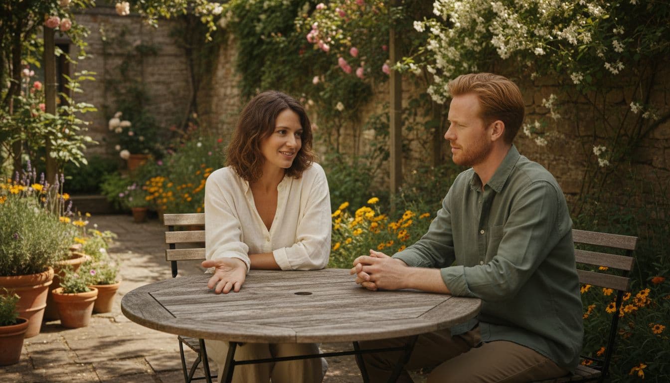 Two friends sit across a wooden table outdoors in a sunny garden, one gesturing calmly with an open palm while speaking, the other listening attentively with a neutral expression.