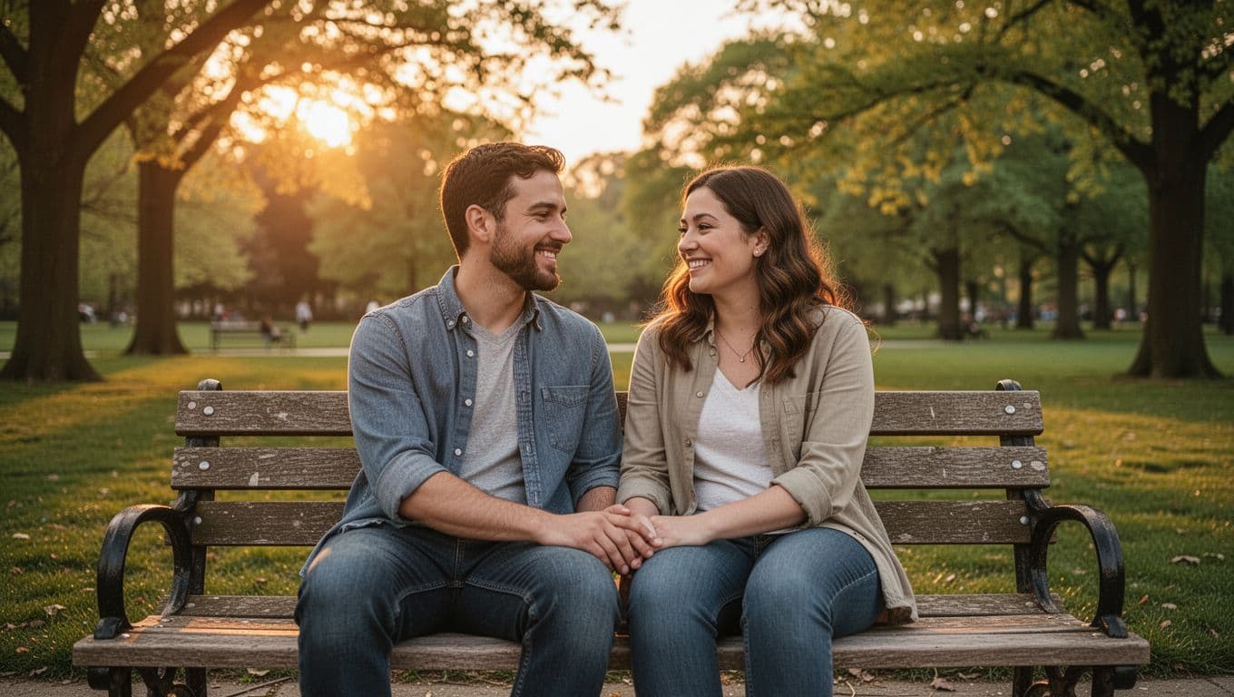 A relaxed couple sits together on a park bench at sunset, laughing softly while sharing a quiet moment with hands touching lightly in golden hour lighting.