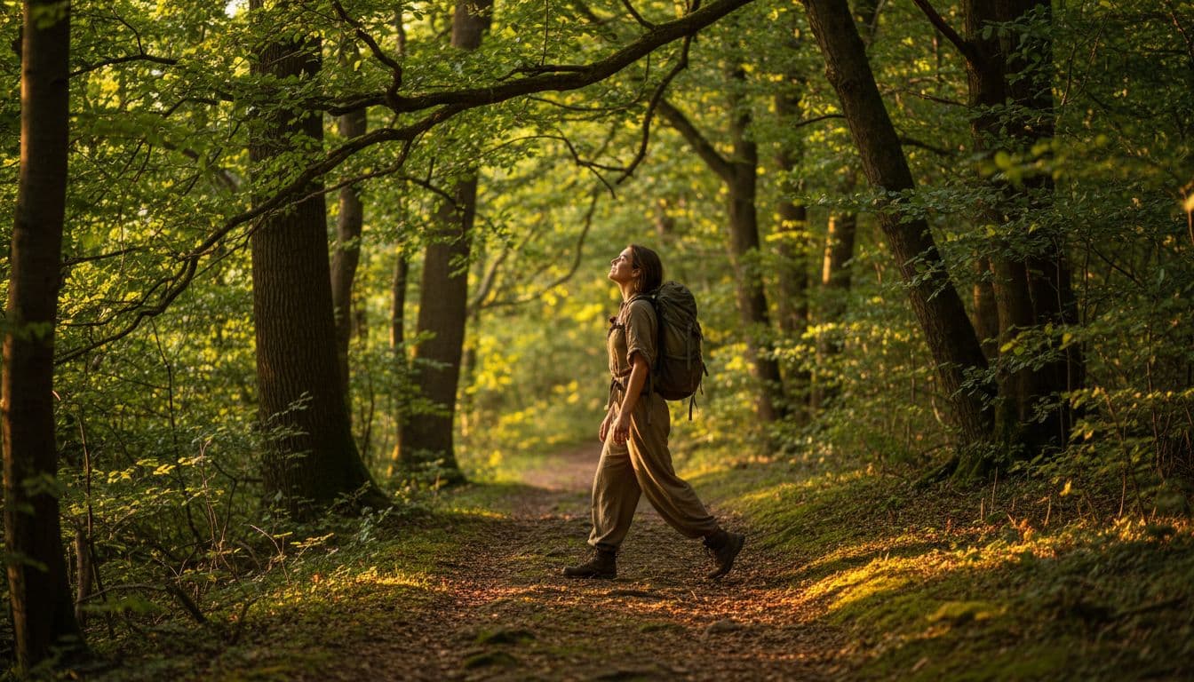 A single person walks contentedly on a sunny forest path with a backpack, natural posture, surrounded by green trees and soft golden hour sunlight filtering through leaves, full body side angle realistic photography.