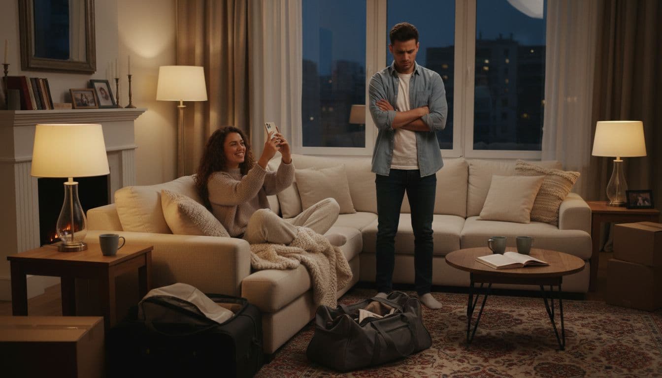 A young woman lounges relaxed on a couch in a cozy evening living room, smiling at her phone under warm lamp lighting, while a young man stands nearby looking stressed with arms crossed and furrowed brow. Realistic photographic style with exactly two people.