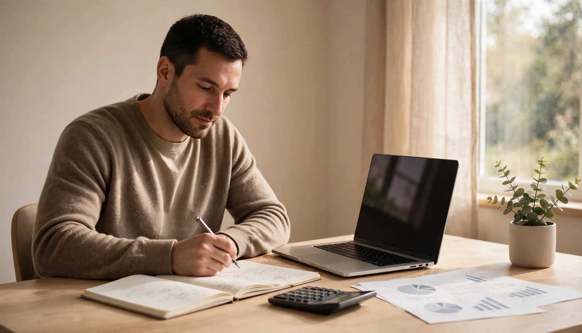 Adult reviewing retirement savings materials with a laptop, notebook, and calculator at a home desk.