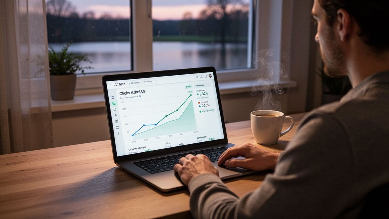 Person at desk views Amazon Associates dashboard on laptop with rising clicks and earnings graphs in cozy home office.