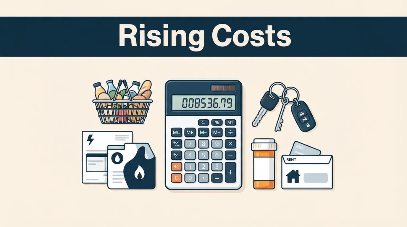A calculator surrounded by groceries, bills, car keys, medicine, and a rent envelope.